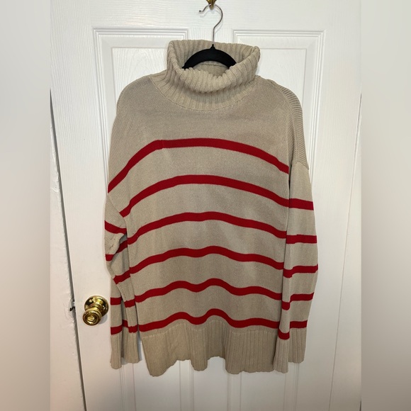 Old Navy Turtleneck Tunic Sweater – Size Large | Tan & Red Stripe | 100% Cotton - Picture 4 of 11